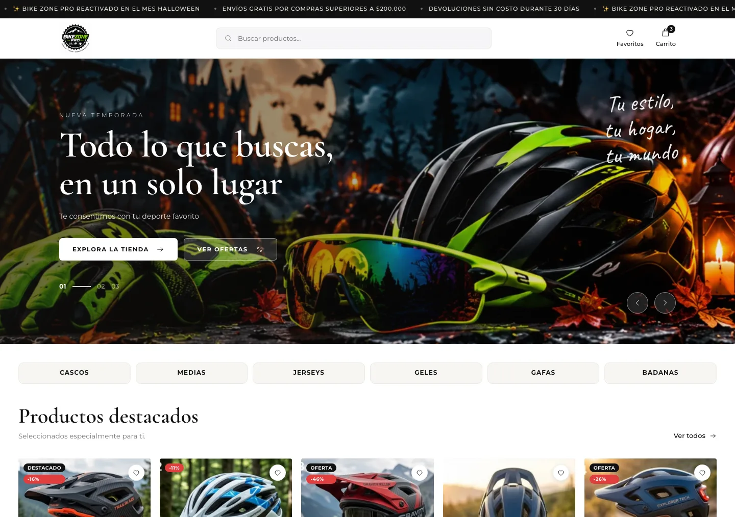 Portada de la tienda BikeZone Pro con bicicletas, ropa y accesorios deportivos