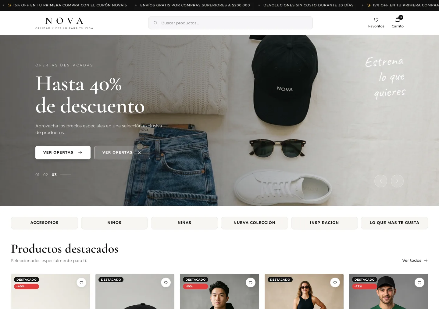 Portada de la tienda NOVA con productos de tecnología, moda y hogar