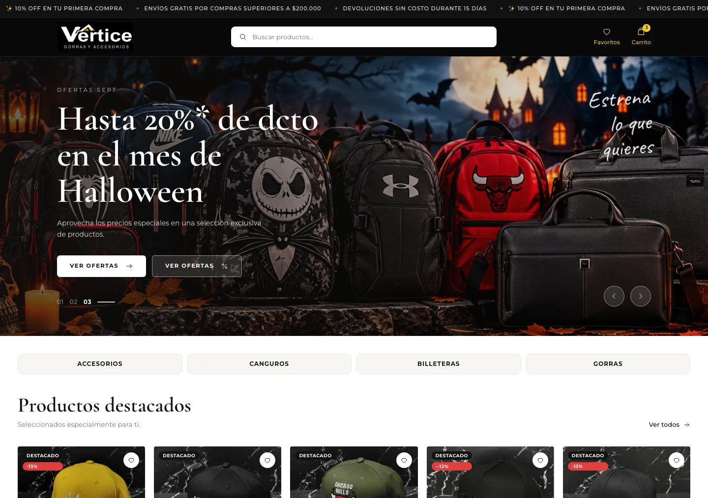 Portada de la tienda Vertice con gorras y accesorios